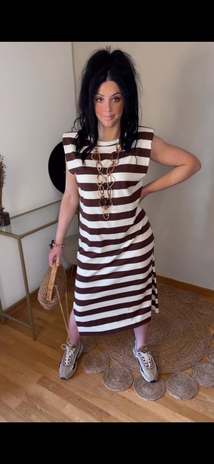 Vestido Rayas Marrón y Beige con Hombreras
