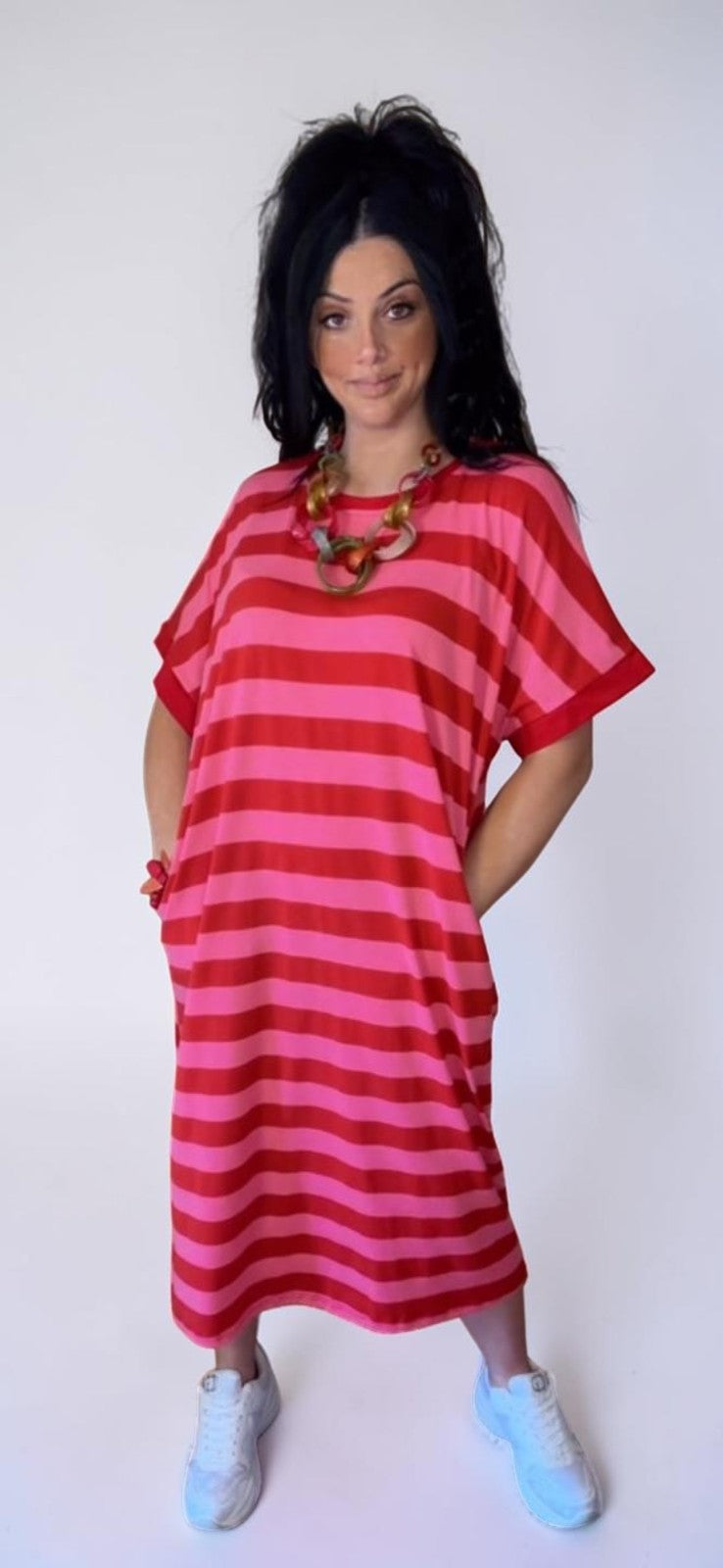 Vestido Midi Oversize Rayas Rosa y Rojo
