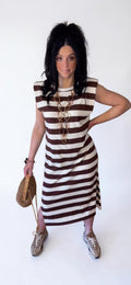 Vestido Rayas Marrón y Beige con Hombreras