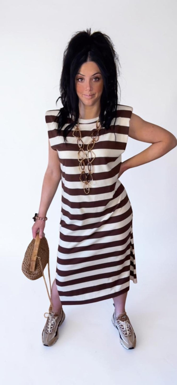 Vestido Rayas Marrón y Beige con Hombreras