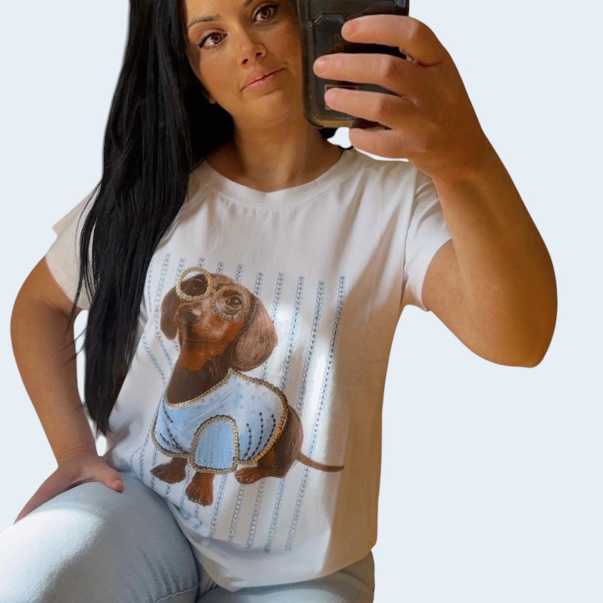 PINTONAS camiseta blanca de manga corta con estampado de perro salchicha con gafas y chaleco azul, talla única.