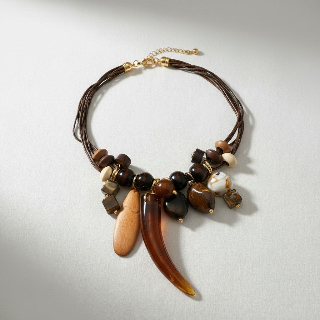 Collar PINTONAS de cuerno marrón con múltiples colgantes de resina y madera, sobre base de madera.