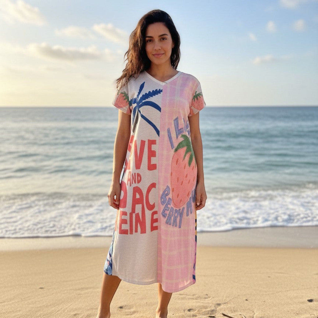 Vestido maxi PINTONAS de manga corta con estampado de fresas, palmeras y lettering. Corte recto y holgado.