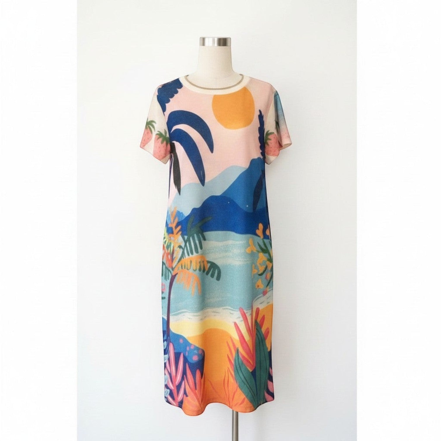 Vestido maxi PINTONAS de manga corta con estampado de fresas, palmeras y paisaje marítimo. Corte recto y holgado.