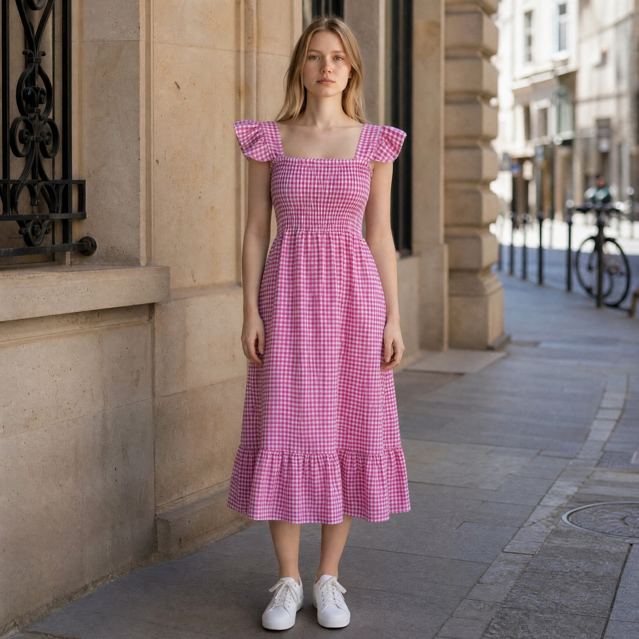 Vestido midi PINTONAS de cuadros vichy rosa y blanco, con cuerpo fruncido de nido de abeja y mangas volantes.