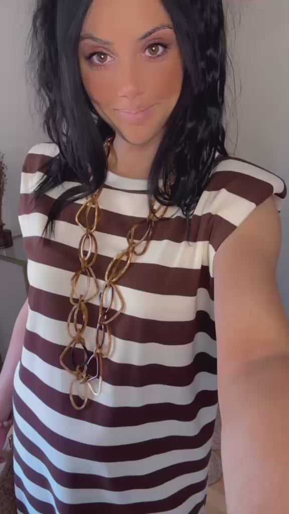 Vestido Rayas Marrón y Beige con Hombreras